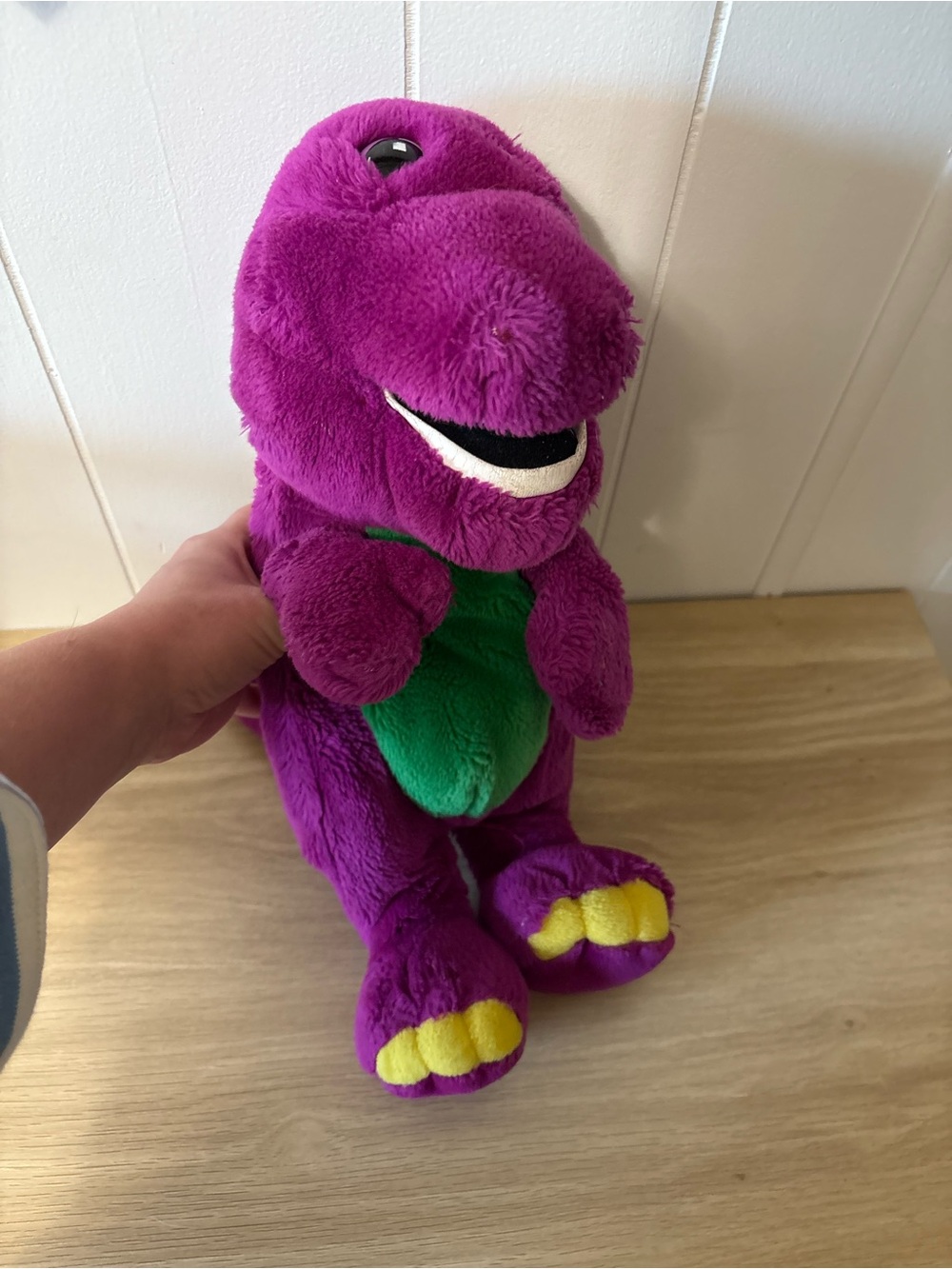 Vintage Purple Plush Barney the Dinosaur with Green Belly and Yellow Toes